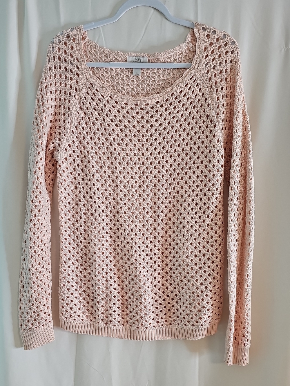 LOFT Open Knit Crewneck Sweater in Light Pink